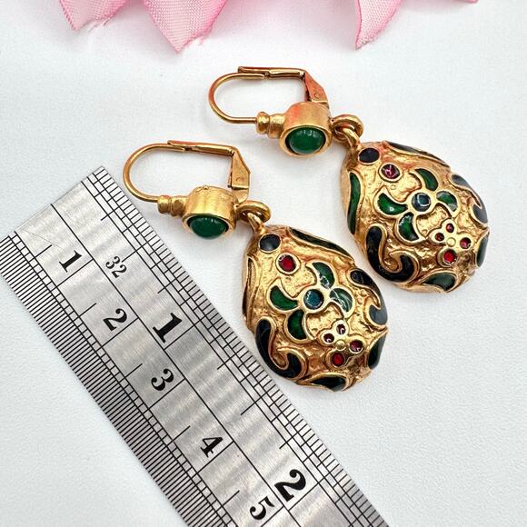 Vintage Faux Gripoix Turkish Style Enamel Dangle Earrings Ornate Leverback Chic - Picture 9 of 11